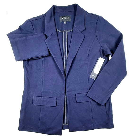 NWT Liverpool Los Angeles Womens Navy Blue Knit Blazer Open Front Jacket Size L - Picture 2 of 7